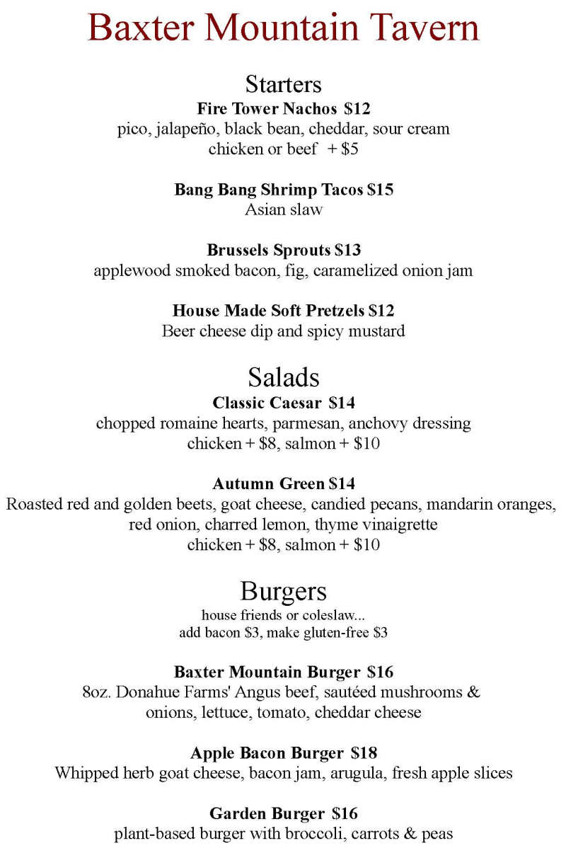 Baxter Mountain Tavern menu page 1