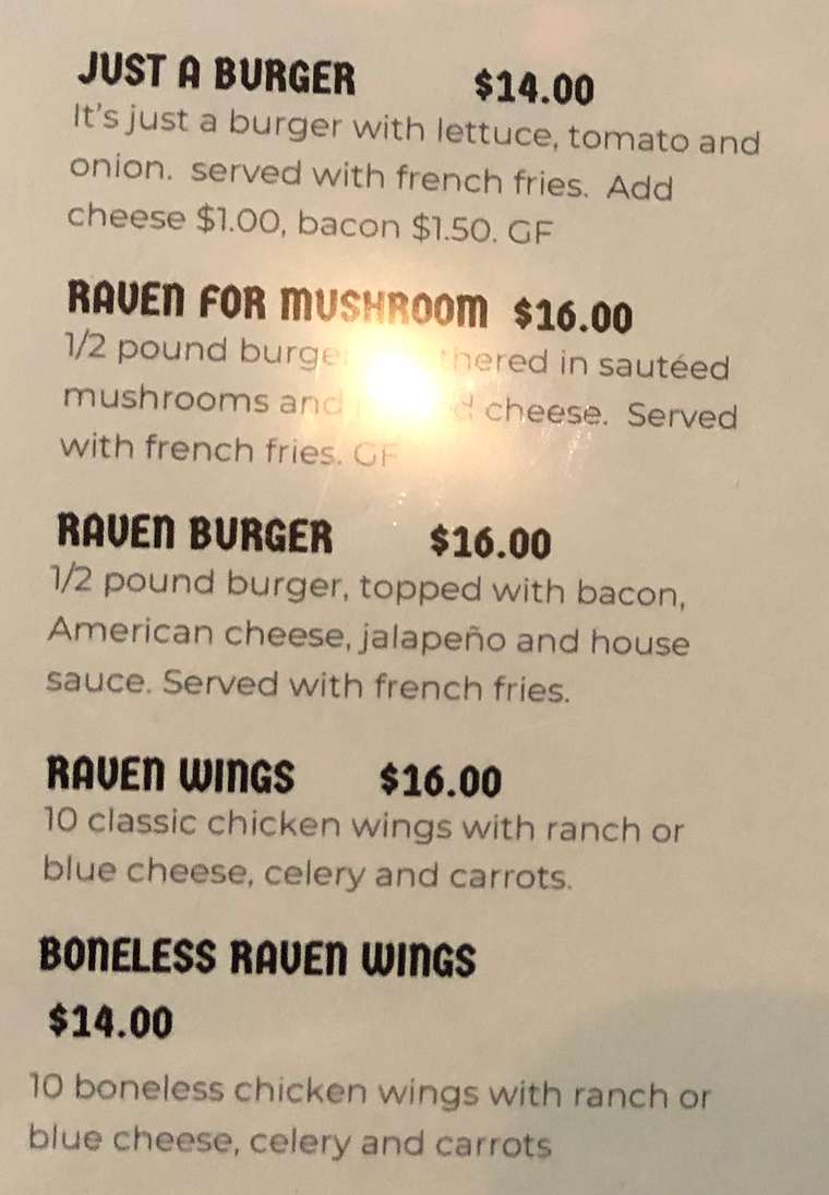 Twisted Raven menu page 1