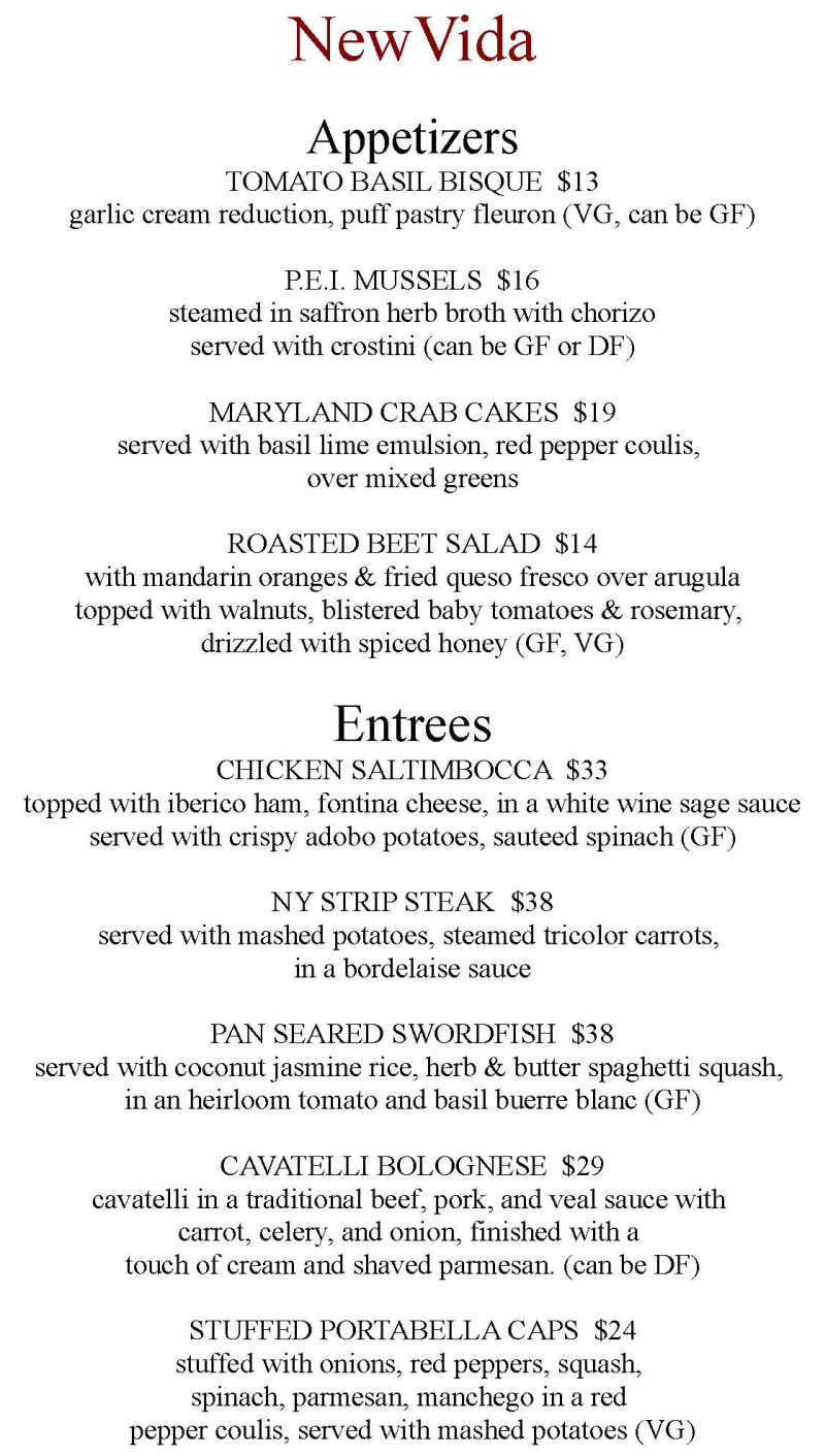 NewVida menu page 1
