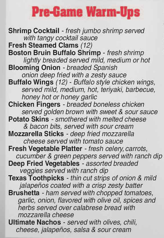 Coach's Corner menu page 1