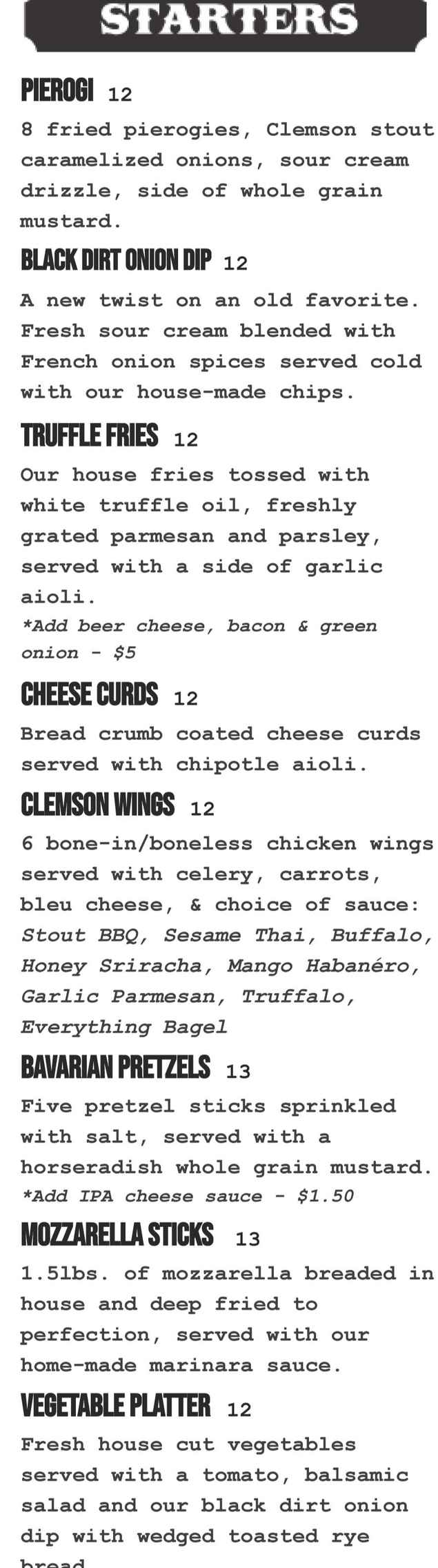 Clemson Bros. Brewery menu page 1