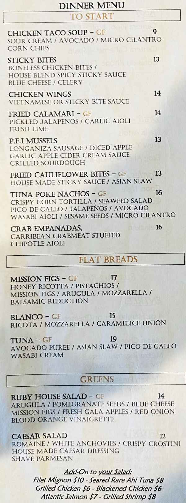 Ruby Restaurant & Bar menu page 1