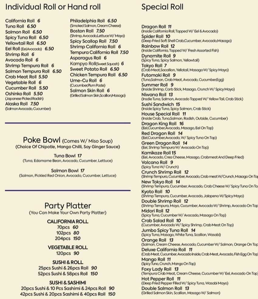 Tokyo Sushi menu page 1