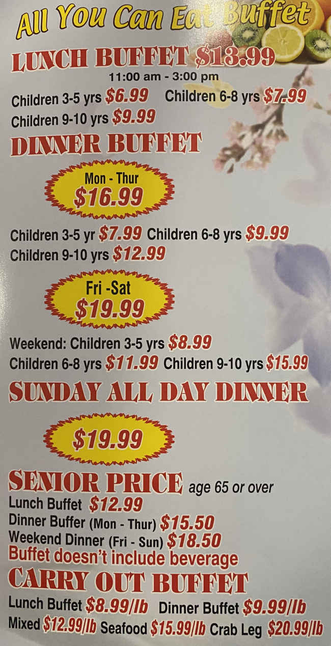 Niagara Falls Buffet menu page 1