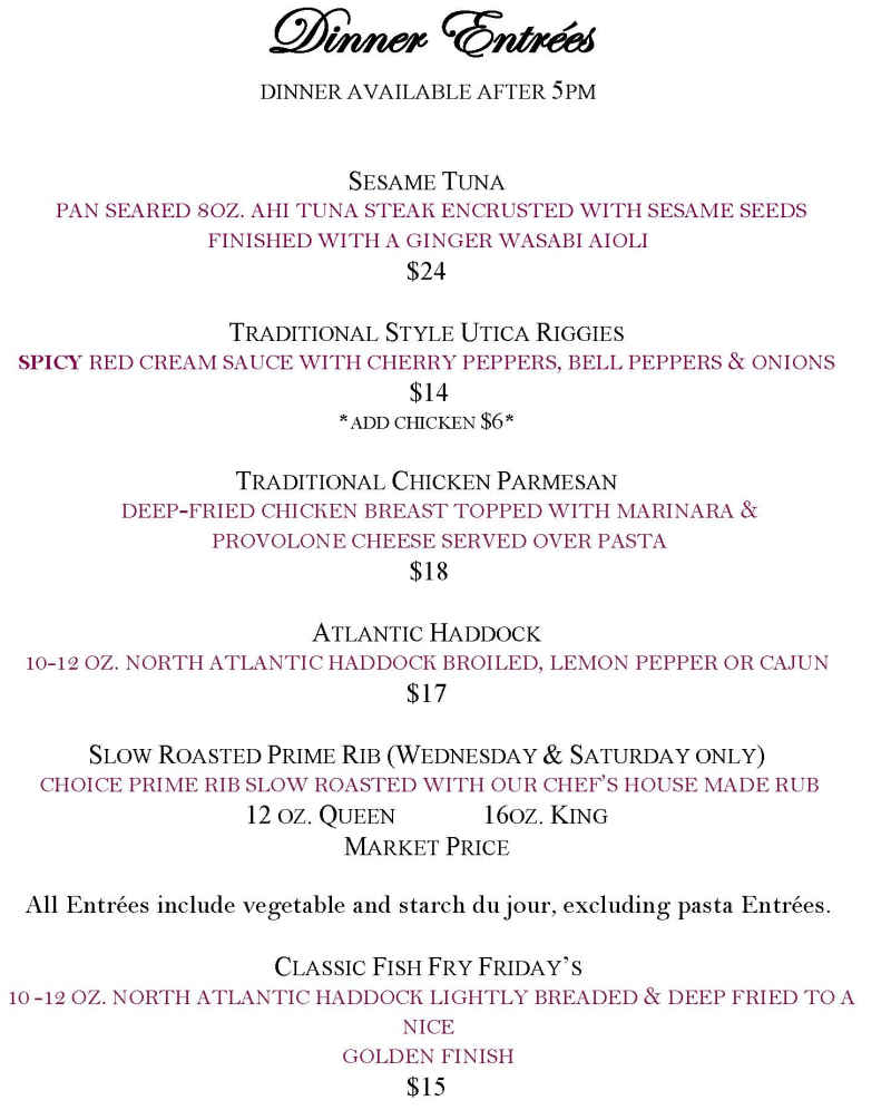 Glenmore Bar & Grill menu page 1