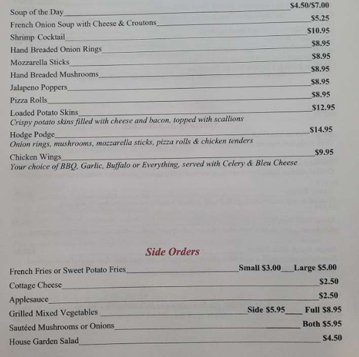 Gary's Restaurant menu page 1