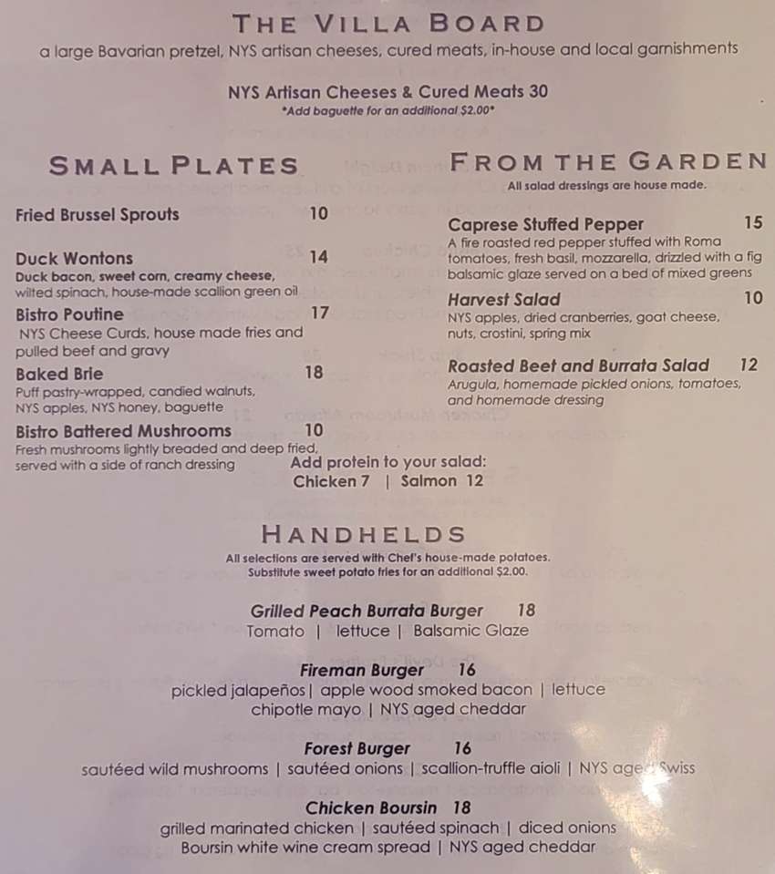The Bistro Villa Verona menu page 1
