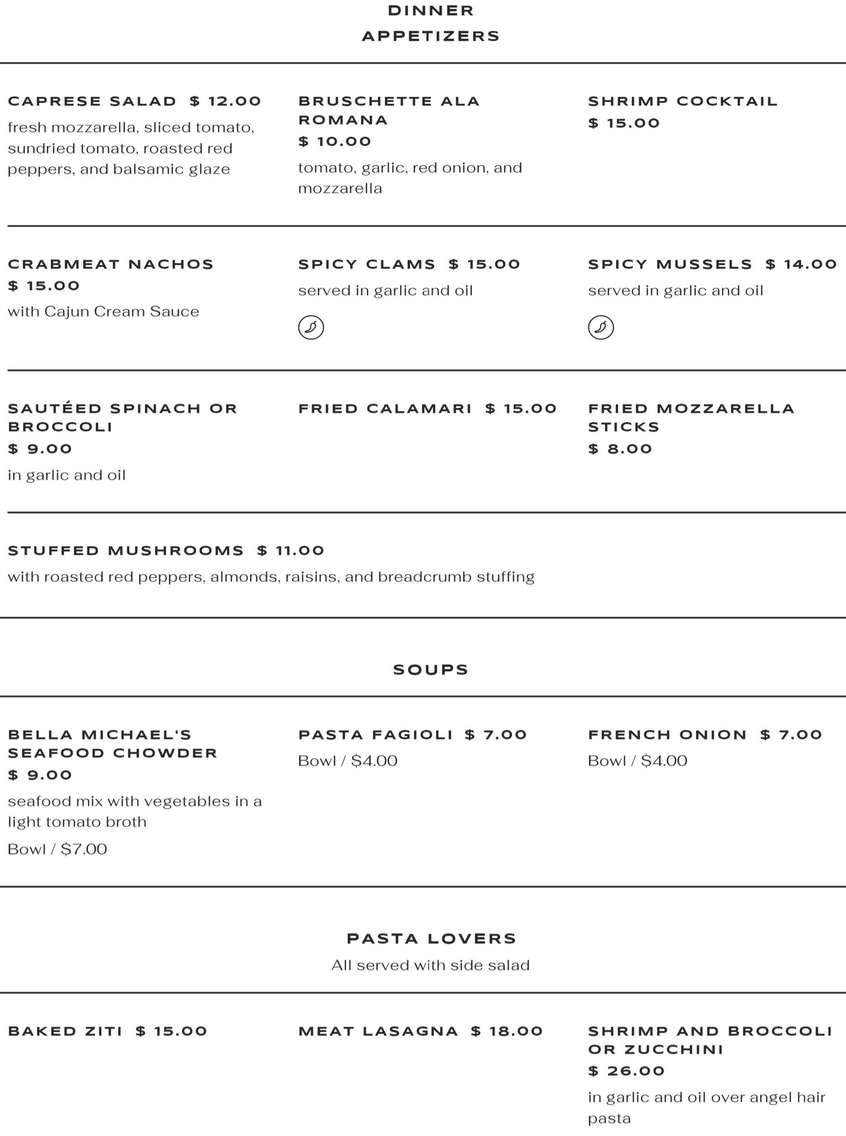 Bella Michael's menu page 1