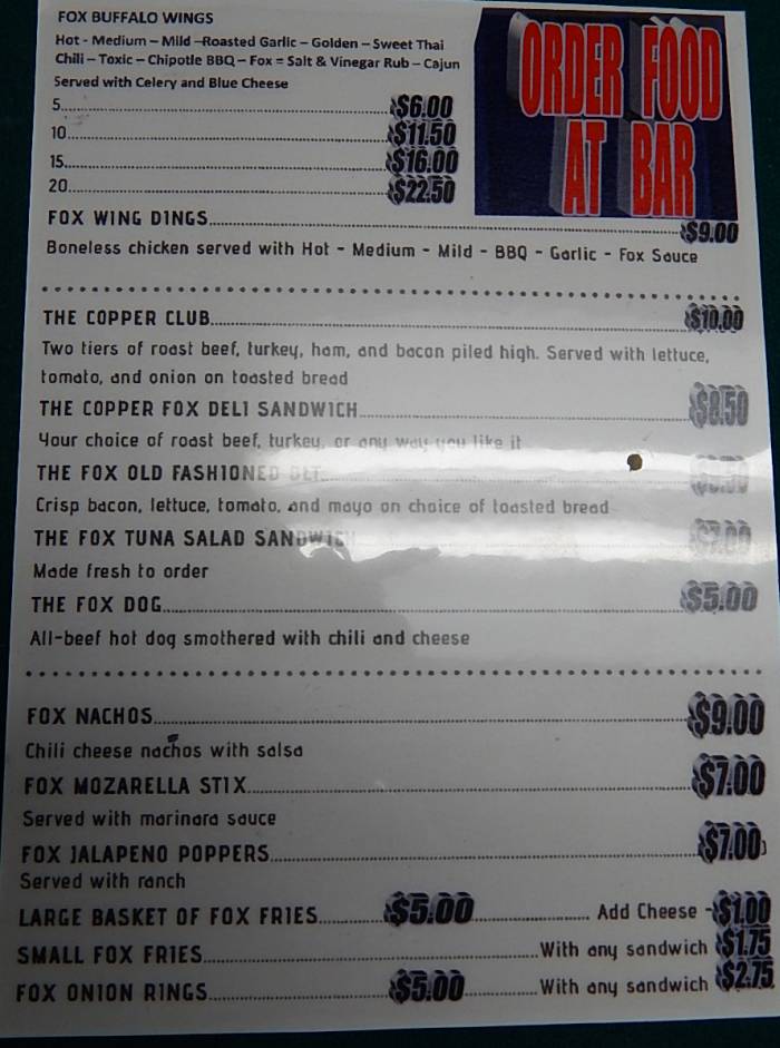 Copper Fox menu page 1