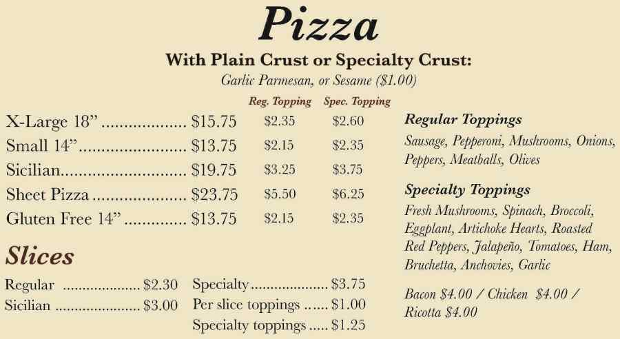 Nina's Pizzeria menu page 1