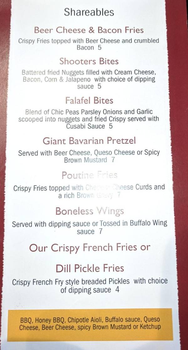 Shooters 5-7 Bar & Grill menu page 1