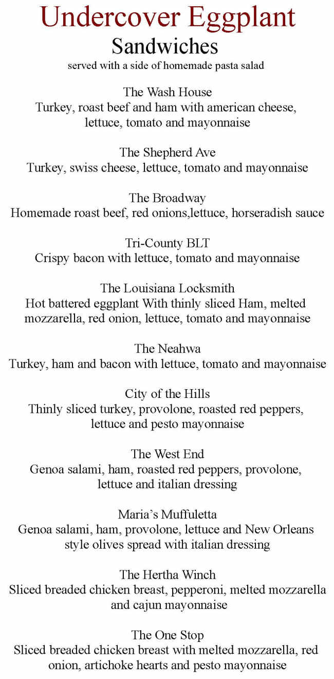 Undercover Eggplant Co menu page 1