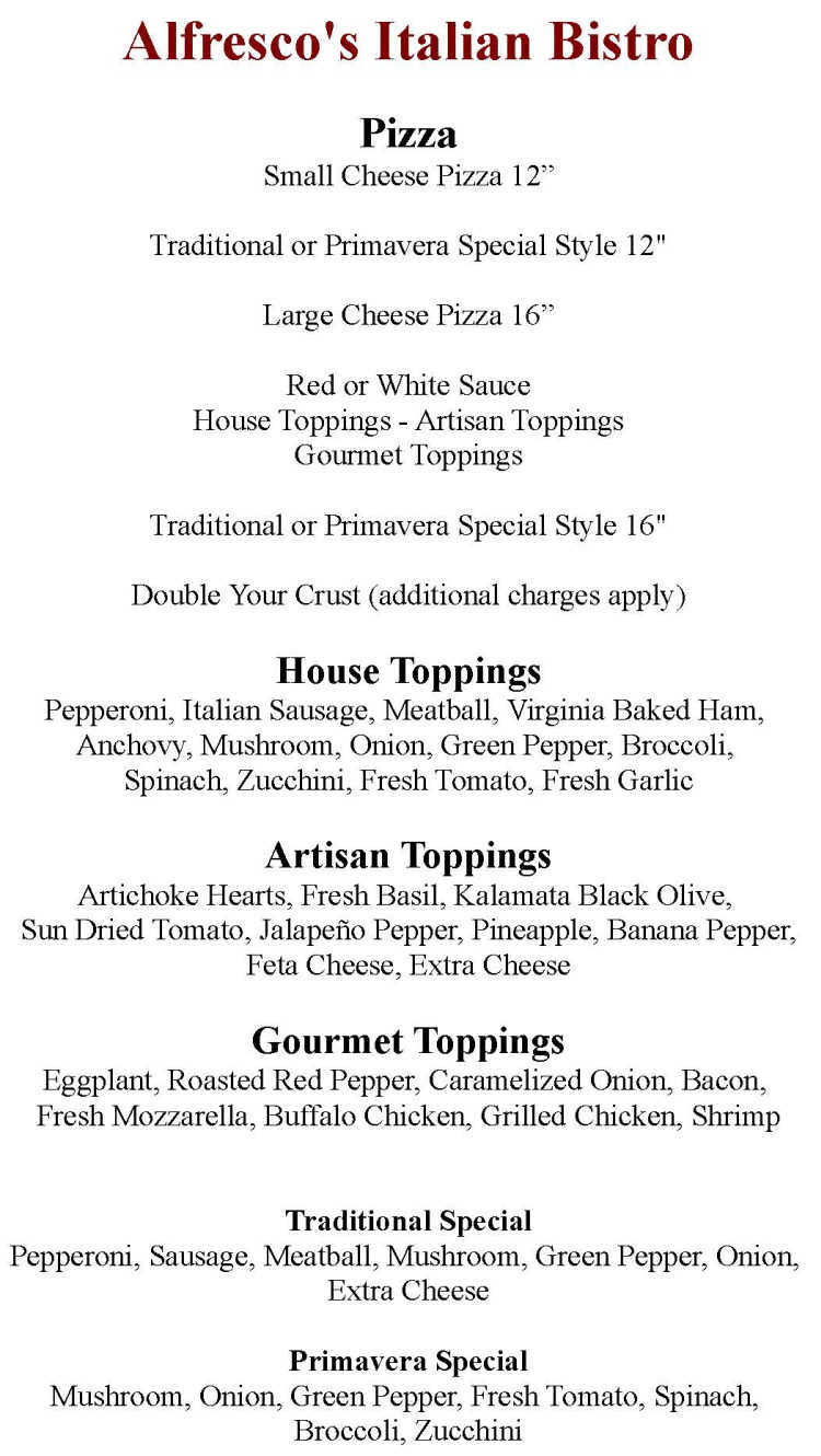Alfresco's Italian Bistro menu page 1