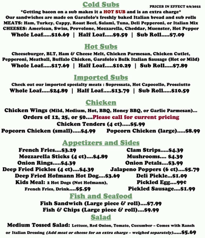 Garafolo's menu page 1