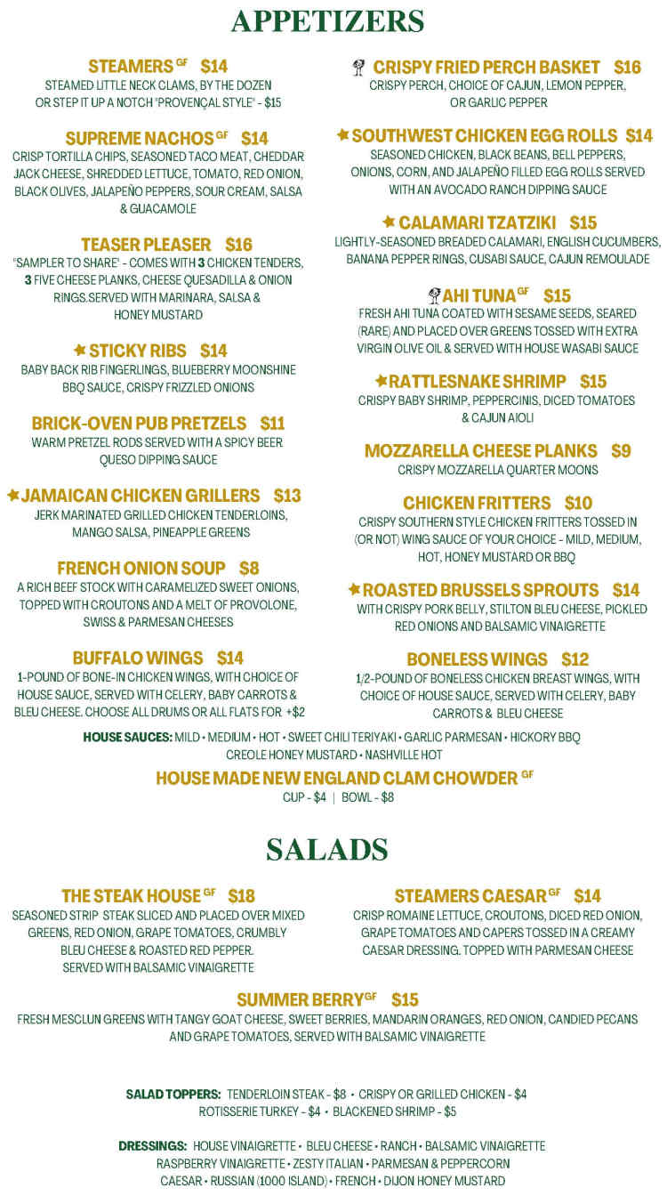 GS Steamers Bar & Grill menu page 1