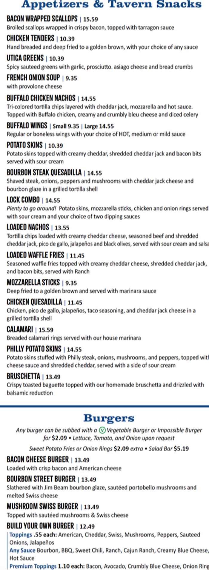 Tavern On the Lock menu page 1