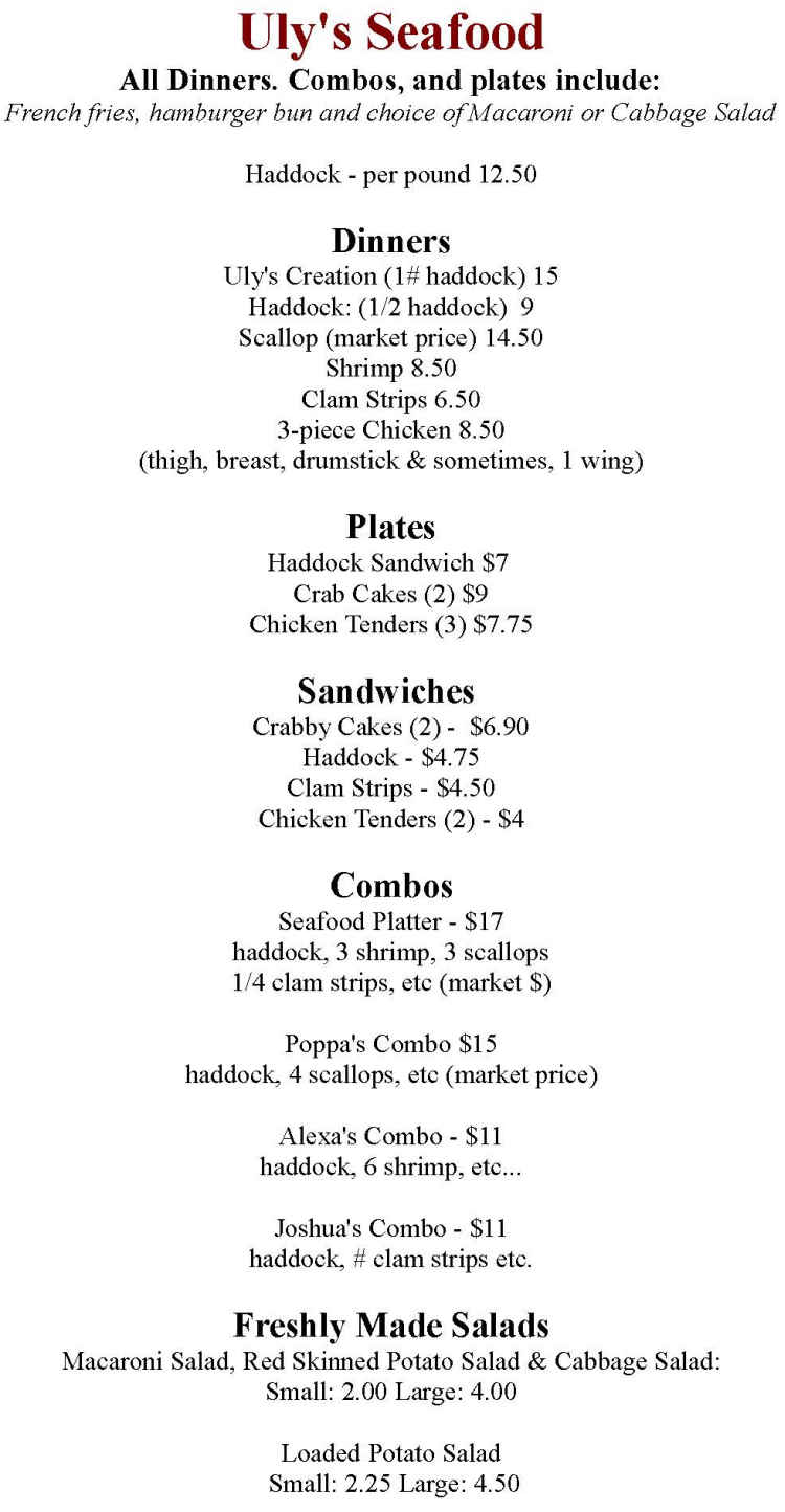 Uly's Seafood menu page 1