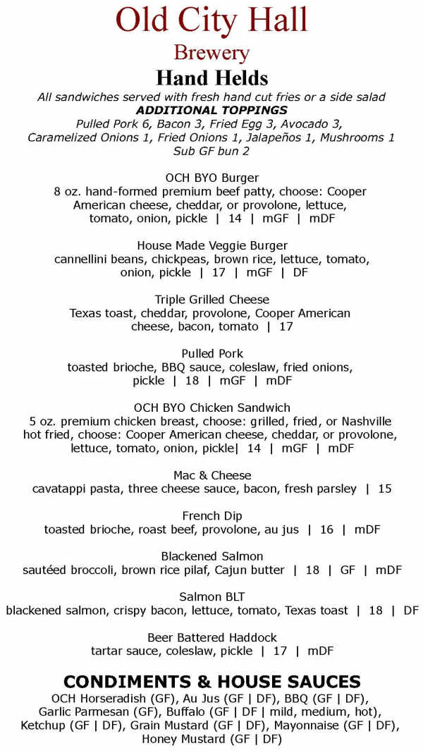 Old City Hall menu page 1