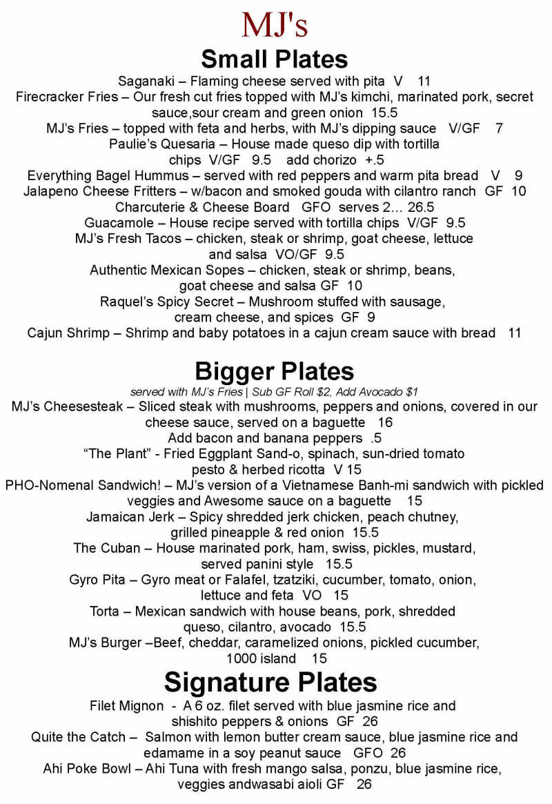 MJ's Bar & Restaurant menu page 1