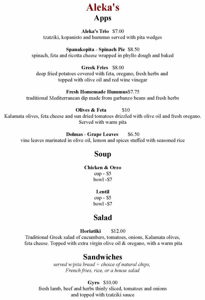 Aleka's menu page 1