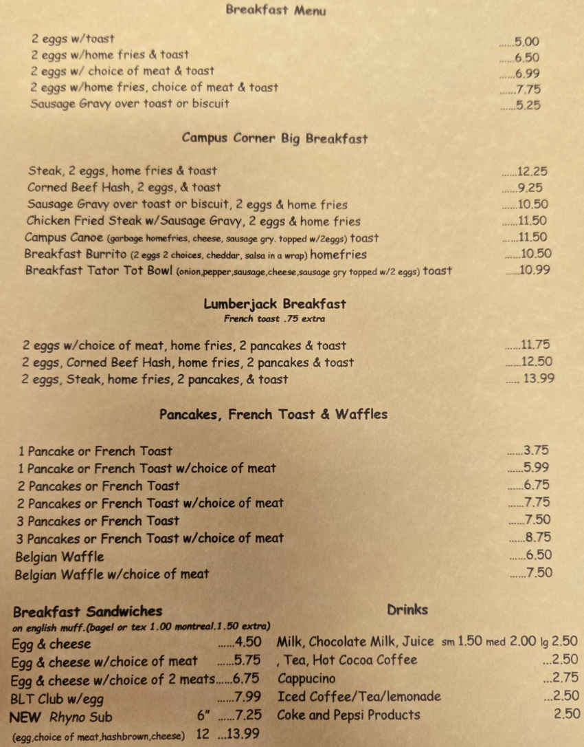 Campus Corner menu page 1