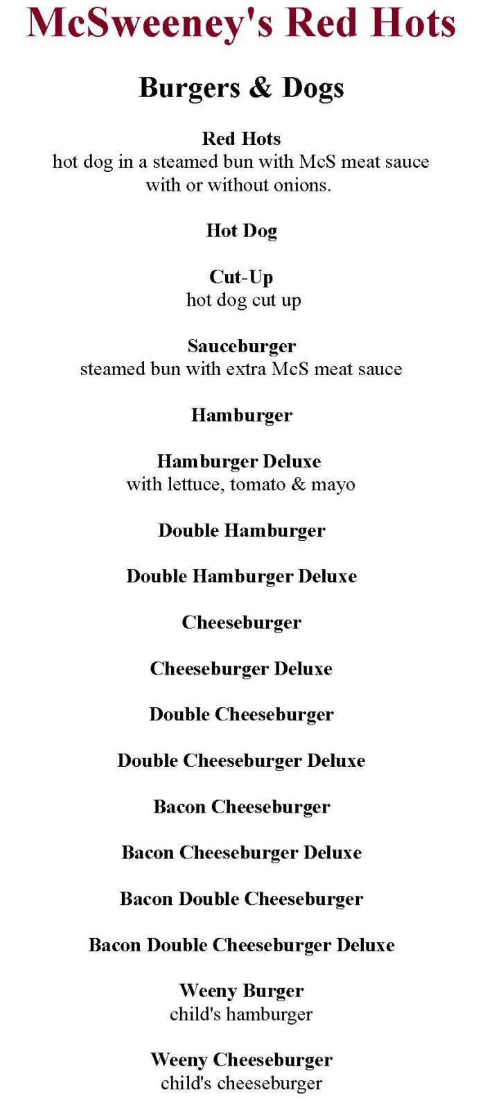 McSweeney’s Red Hots menu page 1