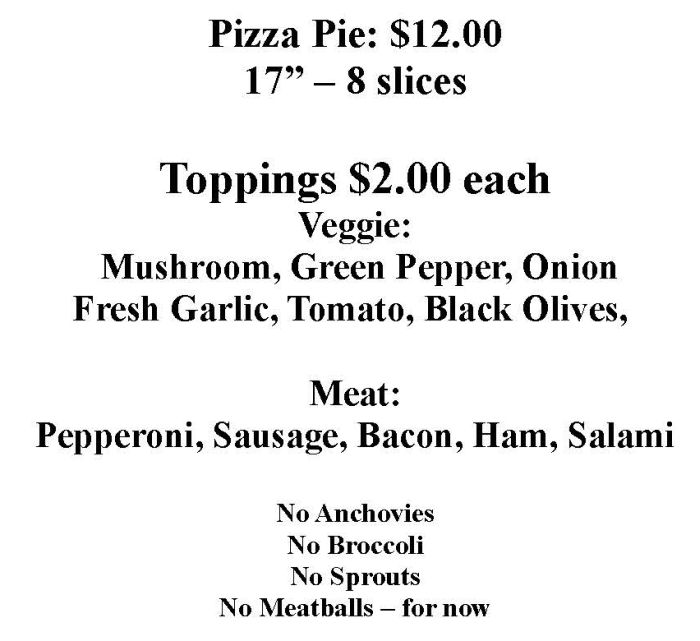 New York Pizza menu page 1