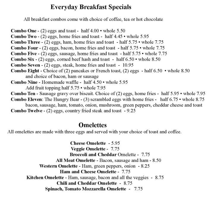 Hungry Bear Restaurant menu page 1