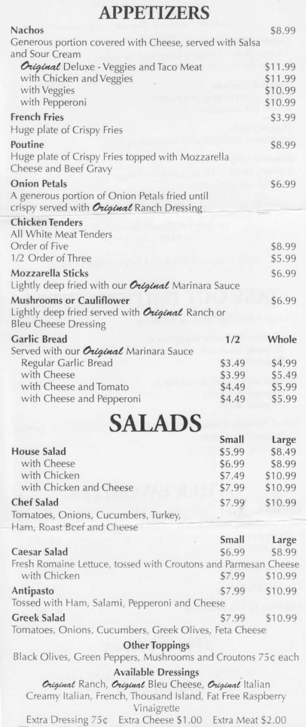 Zachary's Original menu page 1