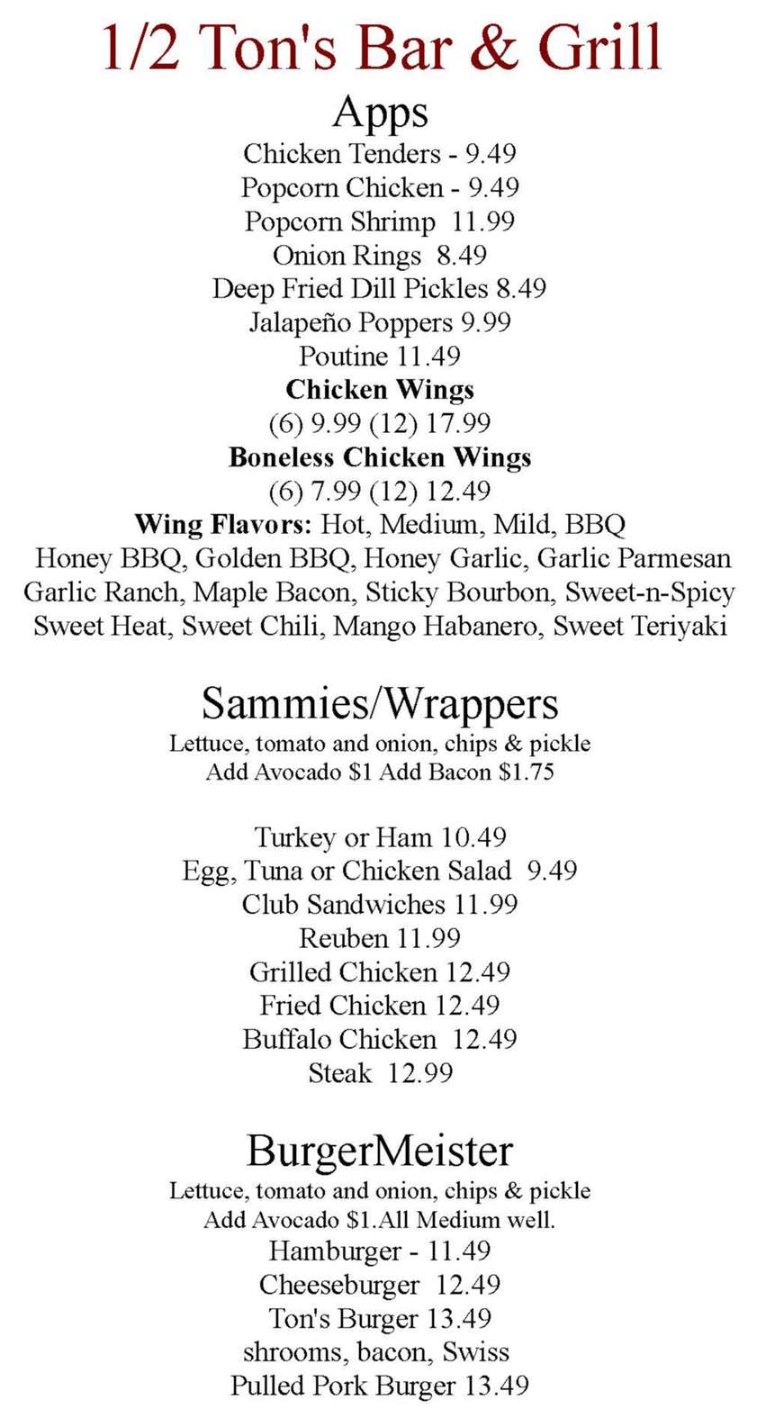 1-2 Ton's Bar & Grill menu page 1