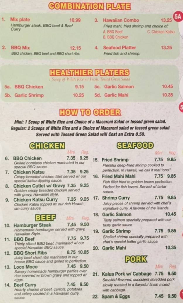 Lee's Hawaiian Grill menu page 1