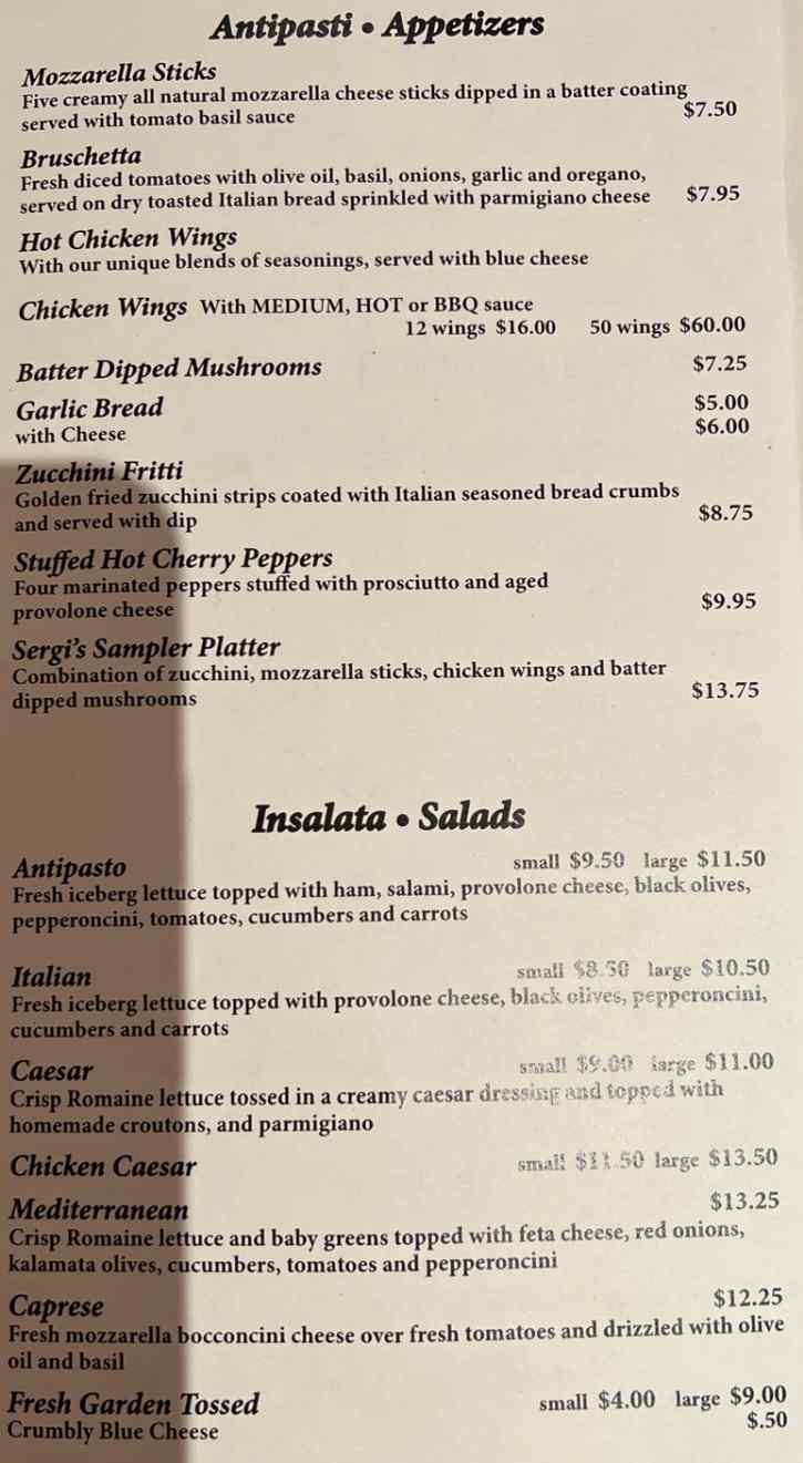 Sergi's Pizzeria menu page 1