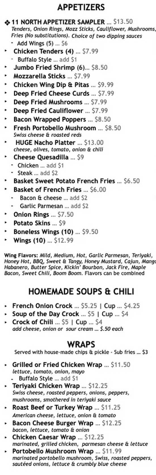 11 North Bar & Grill menu page 1