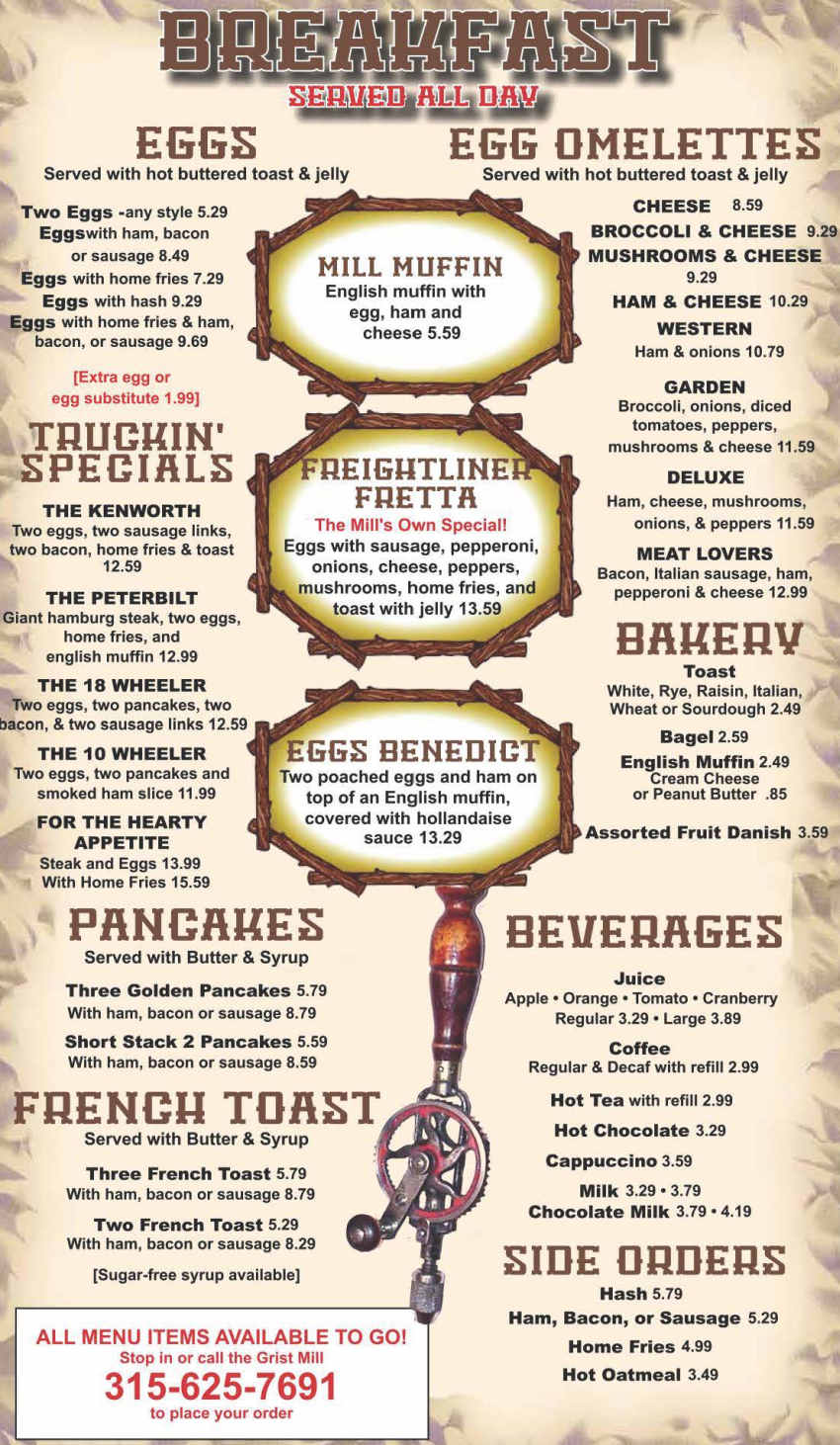 Grist Mill menu page 1
