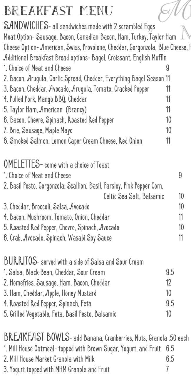 Mill House Market menu page 1