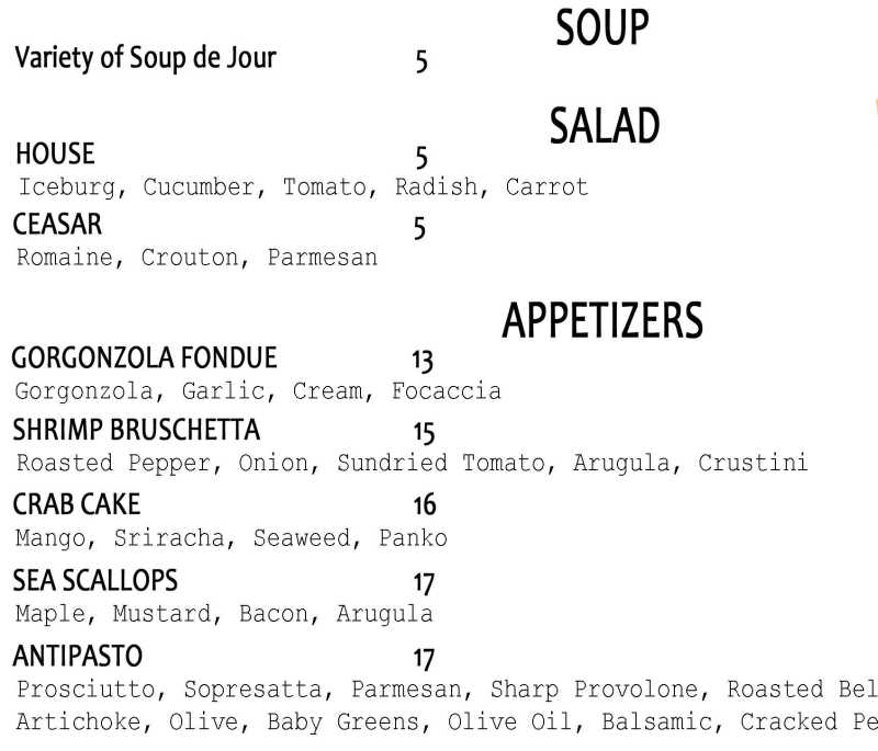 Rainbow Shores menu page 1