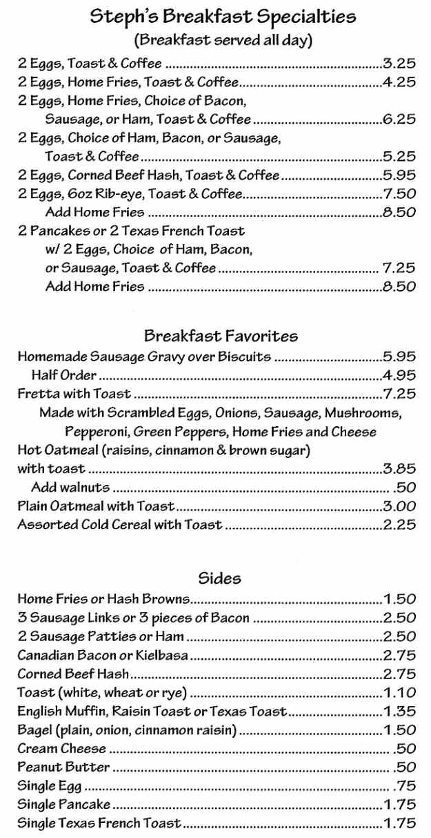 Steph's Place menu page 1
