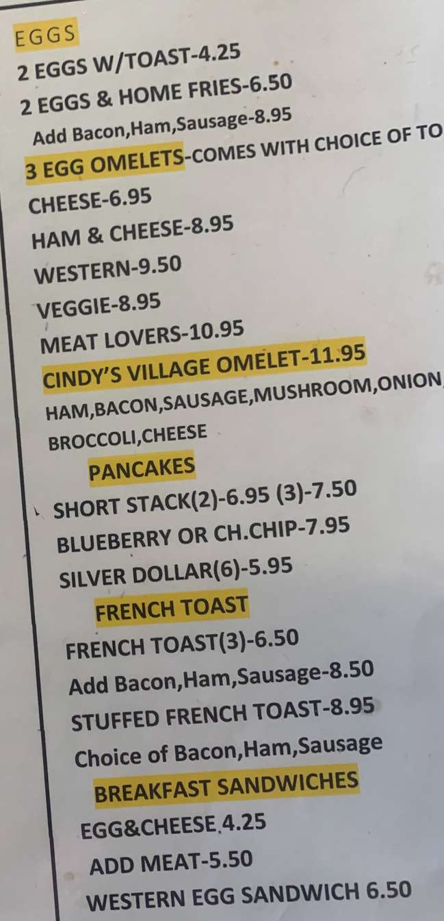 Village Cafe menu page 1