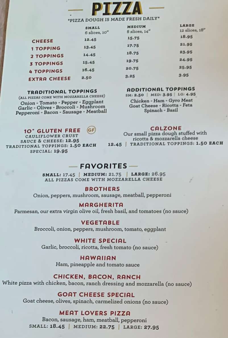 Four Brothers Pizza Inn menu page 1