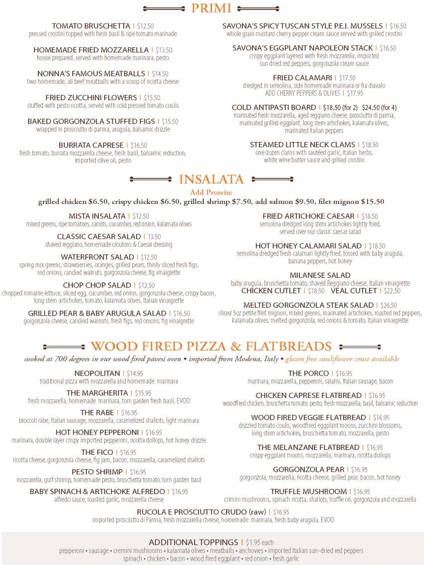 Savona's Trattoria & Bar menu page 1