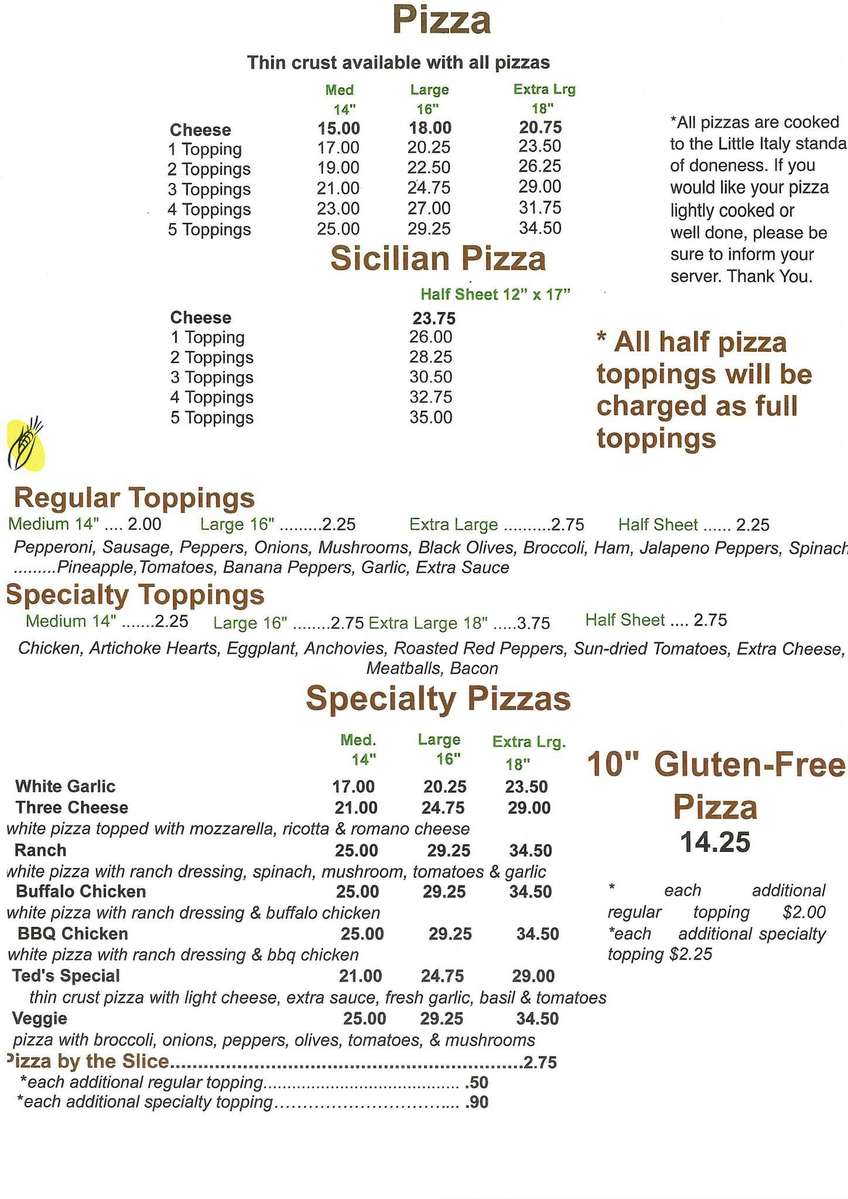 Little Italy Pizzeria menu page 1