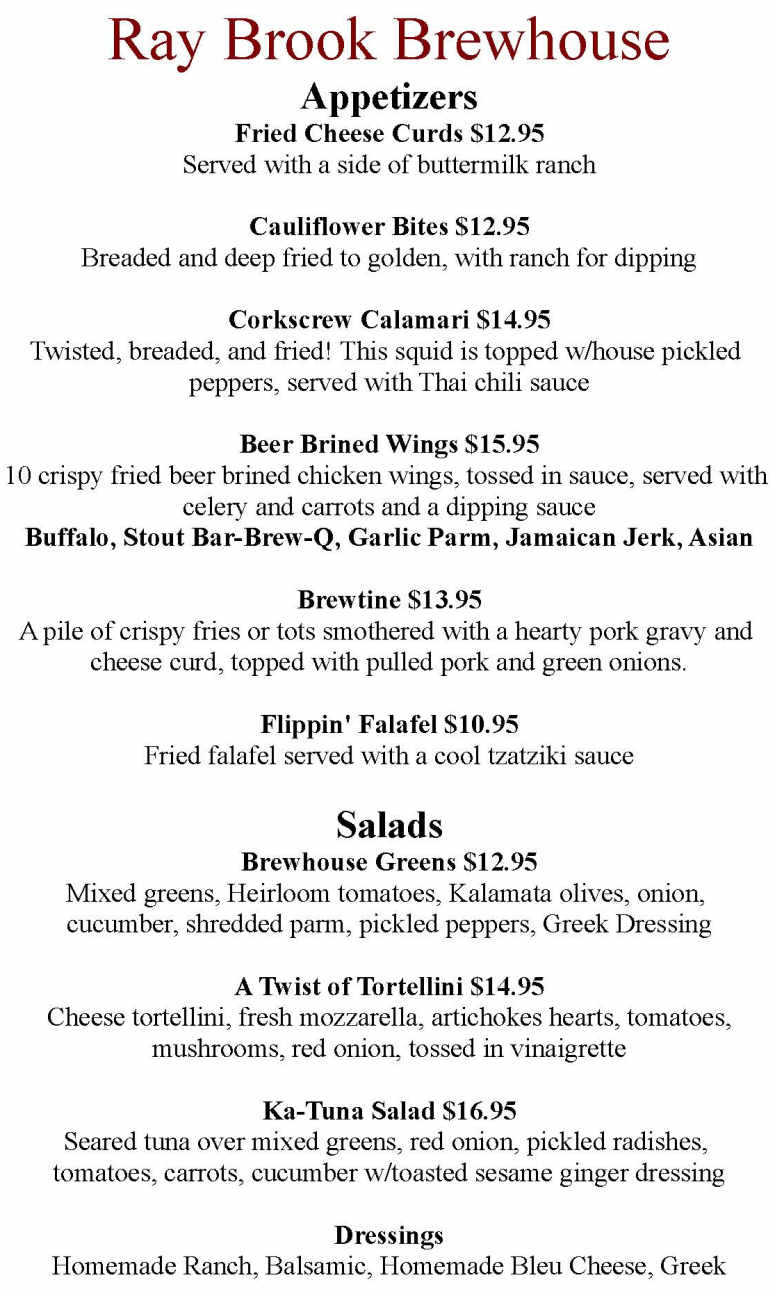 Ray Brook Brewhouse menu page 1