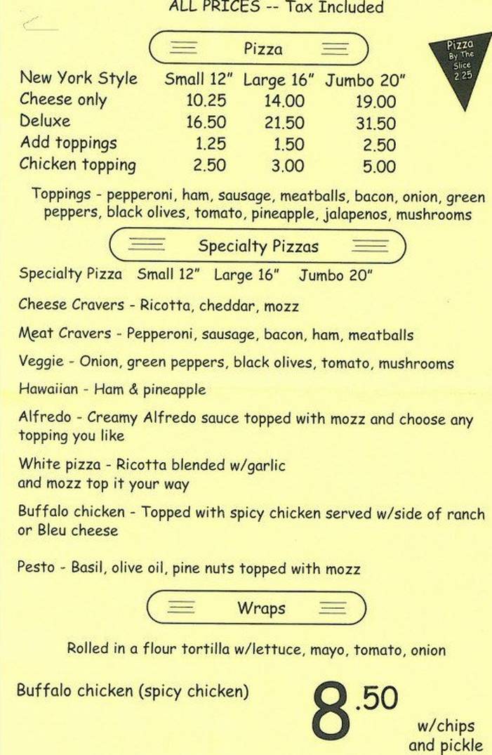 Owl's Nest Pizzeria menu page 1