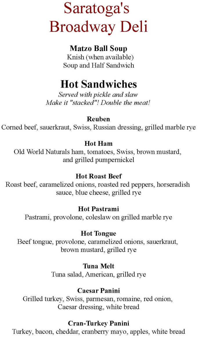 Saratoga's Broadway Deli menu page 1