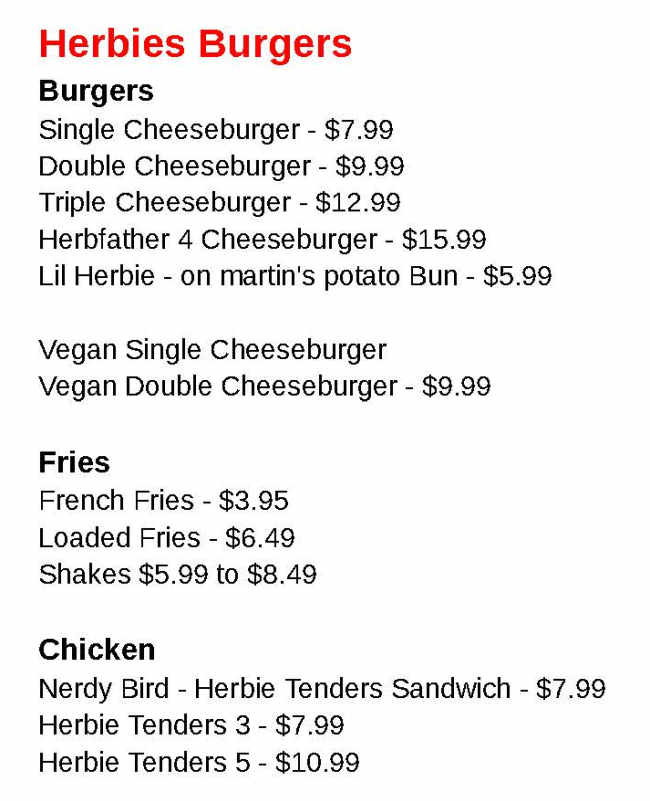 Herbie's Burgers menu page 1