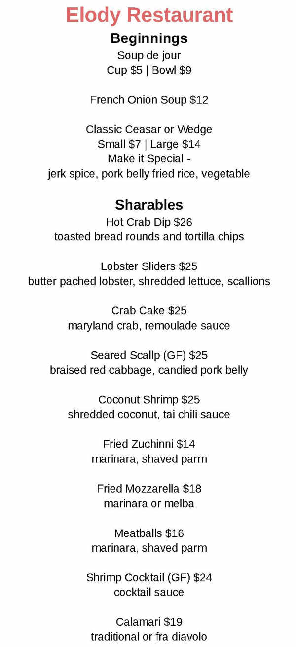 Elody Restaurant menu page 1