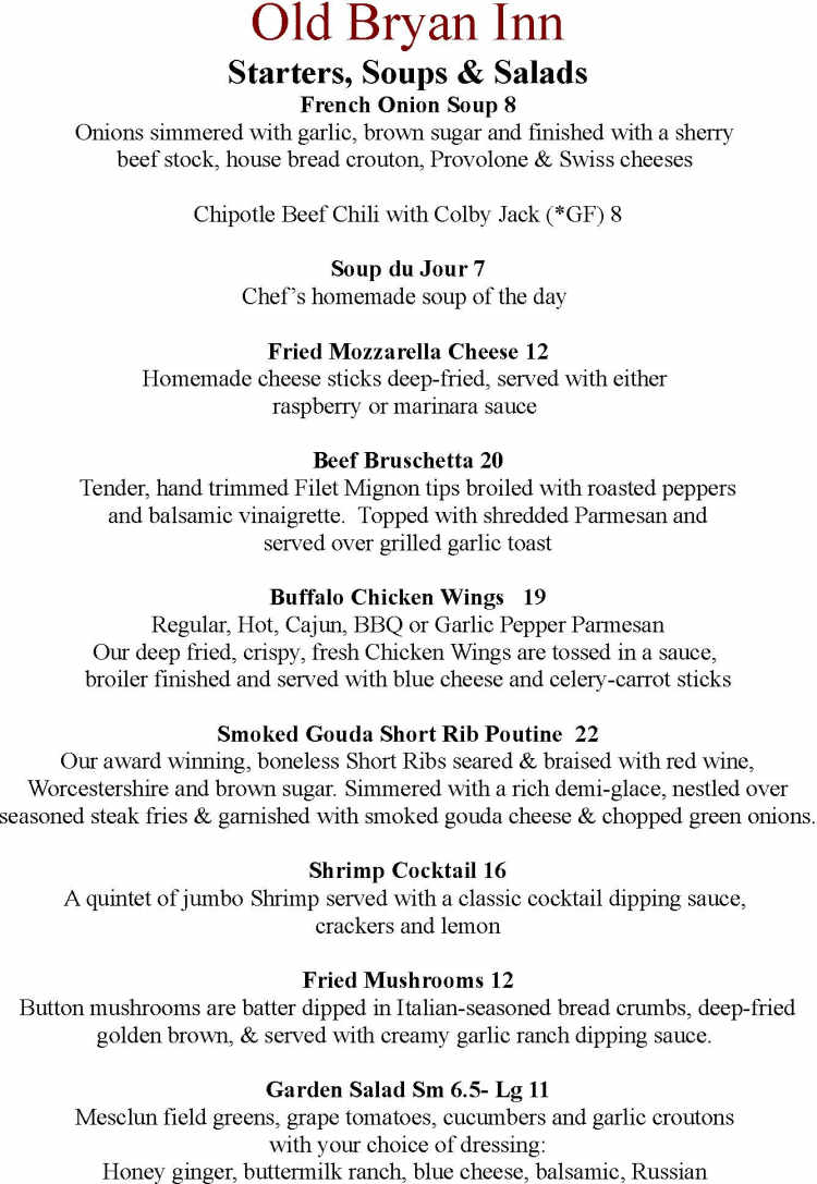 Olde Bryan Inn menu page 1
