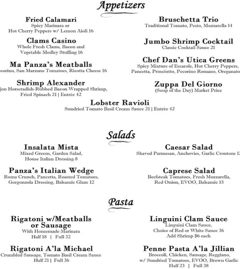 Panza's menu page 1