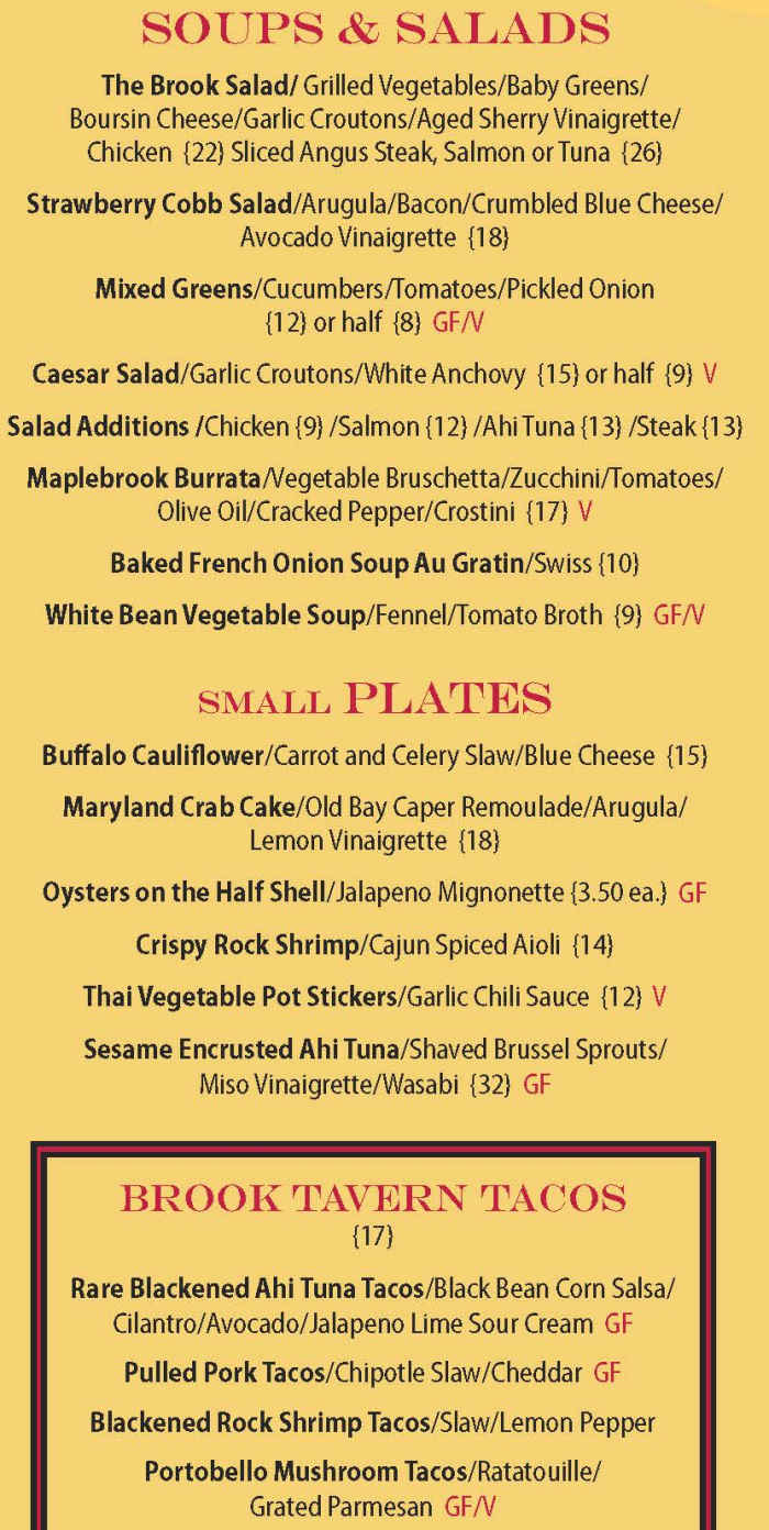 The Brook Tavern menu page 1