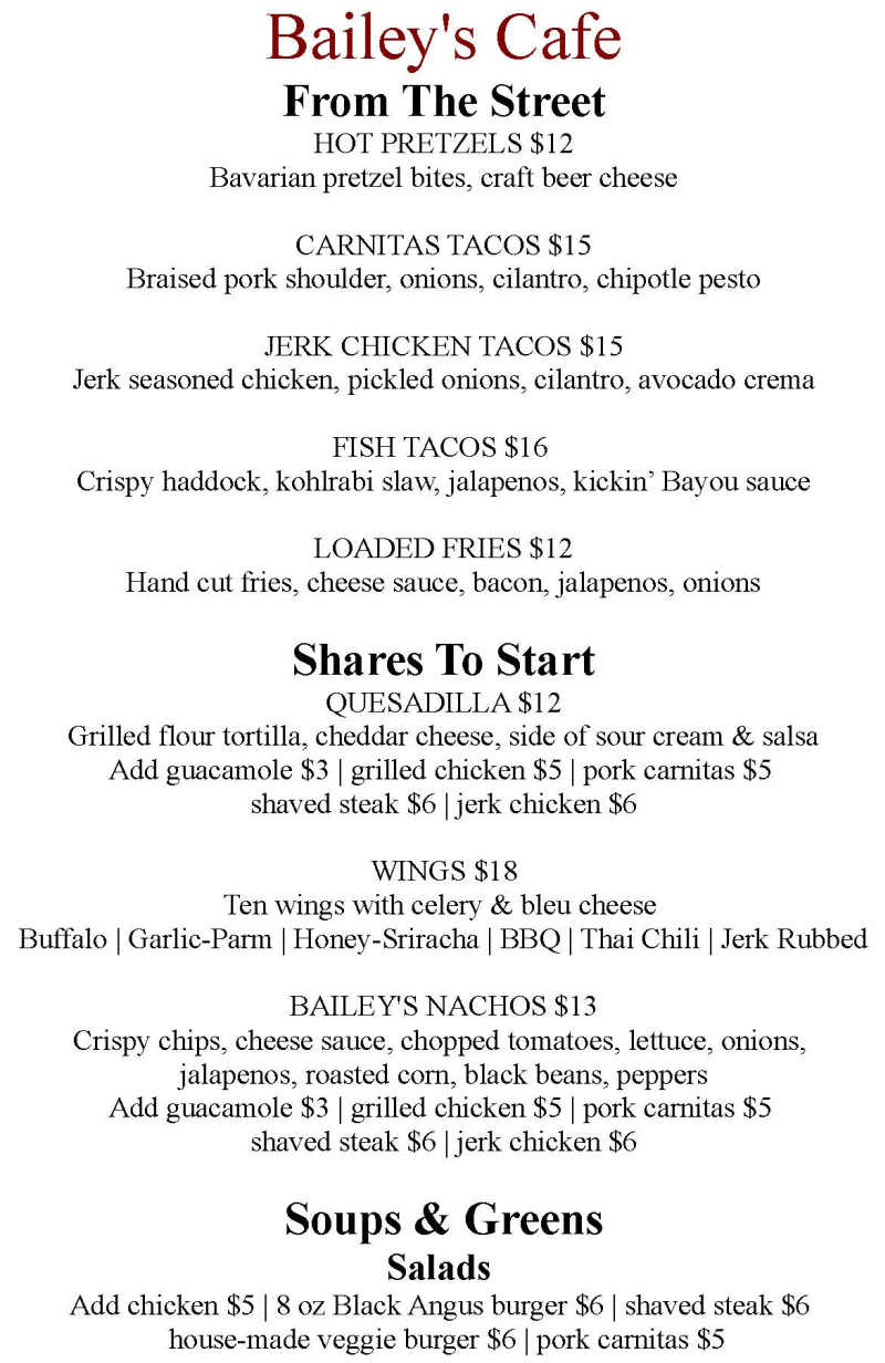 Bailey's Cafe menu page 1